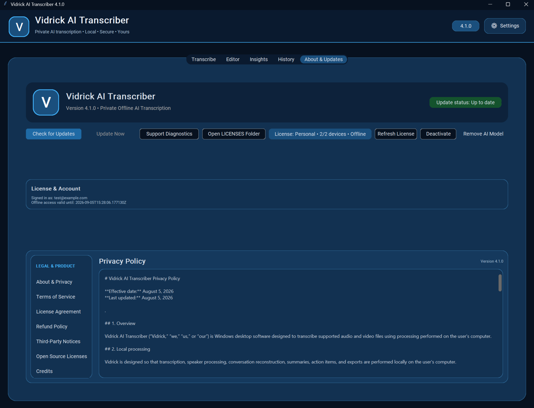 Vidrick AI Transcriber About, licensing, updates, and legal center