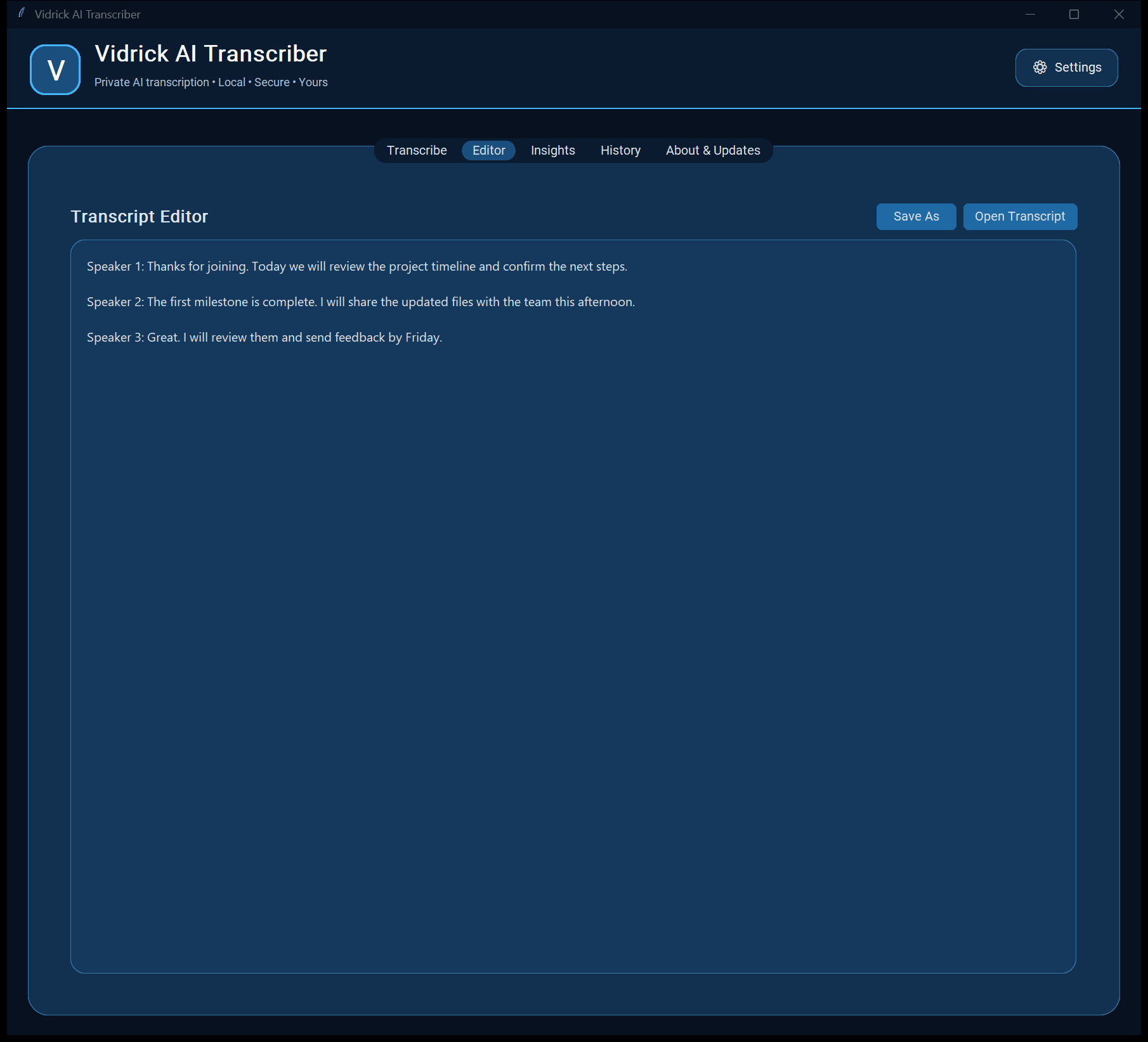 Vidrick's transcript editor for reviewing and correcting your transcript