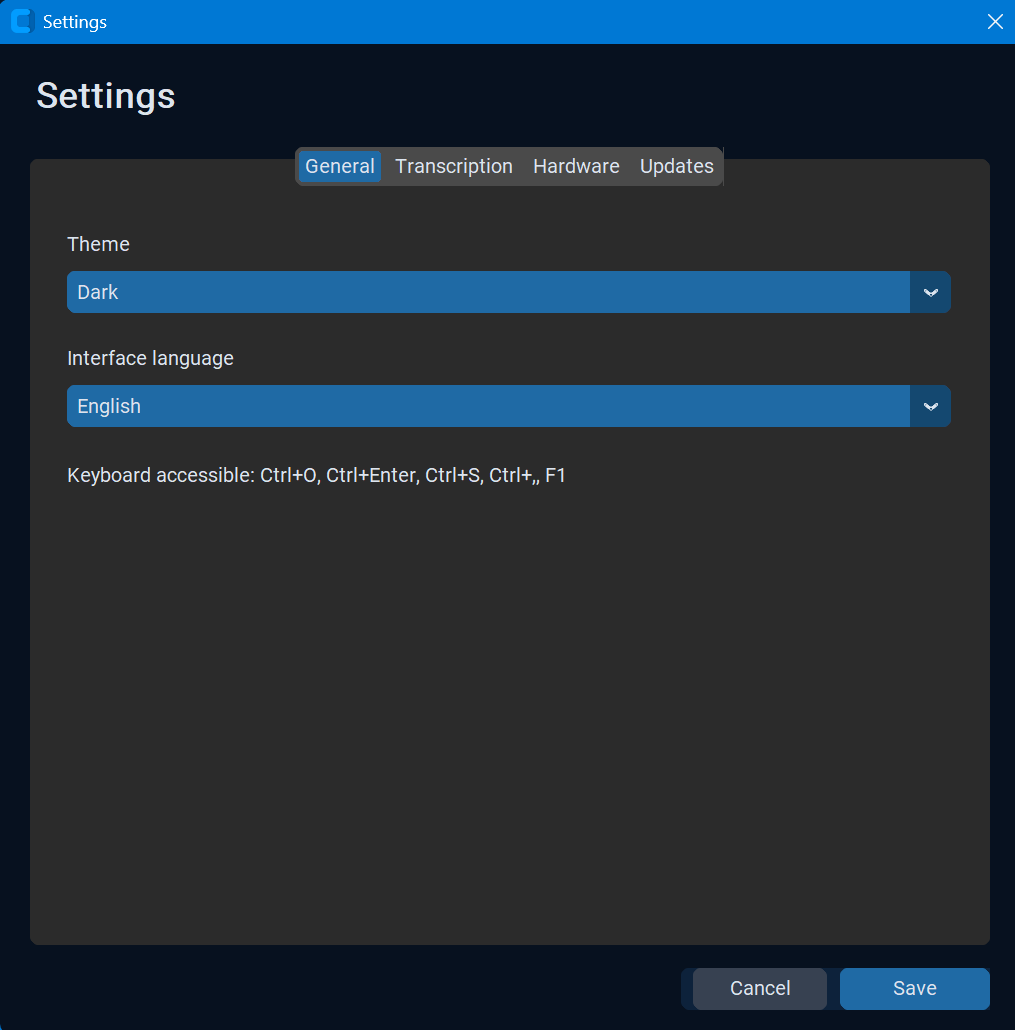 Vidrick AI Transcriber settings window