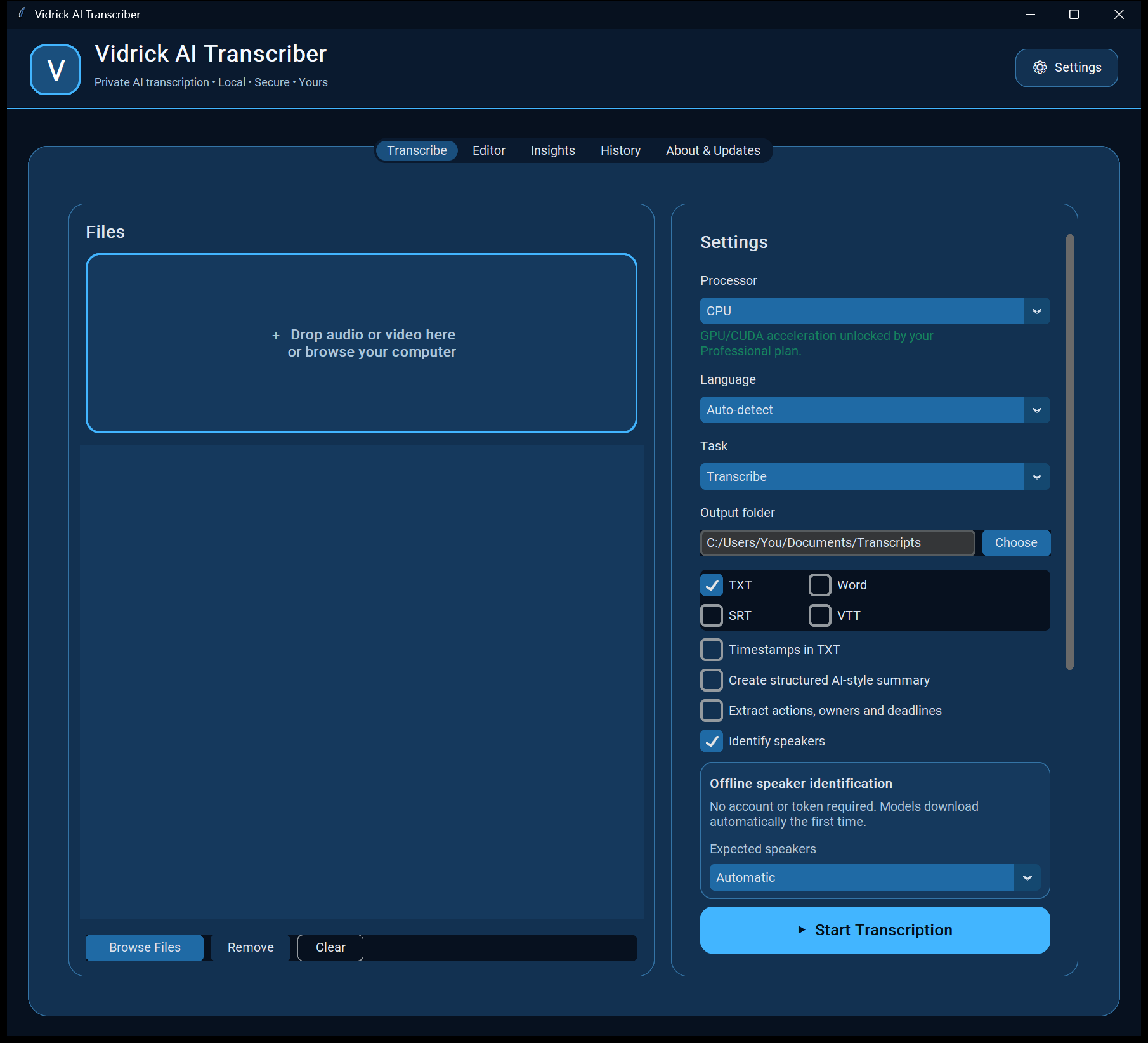 Vidrick desktop app showing local transcription settings and automatic speaker identification