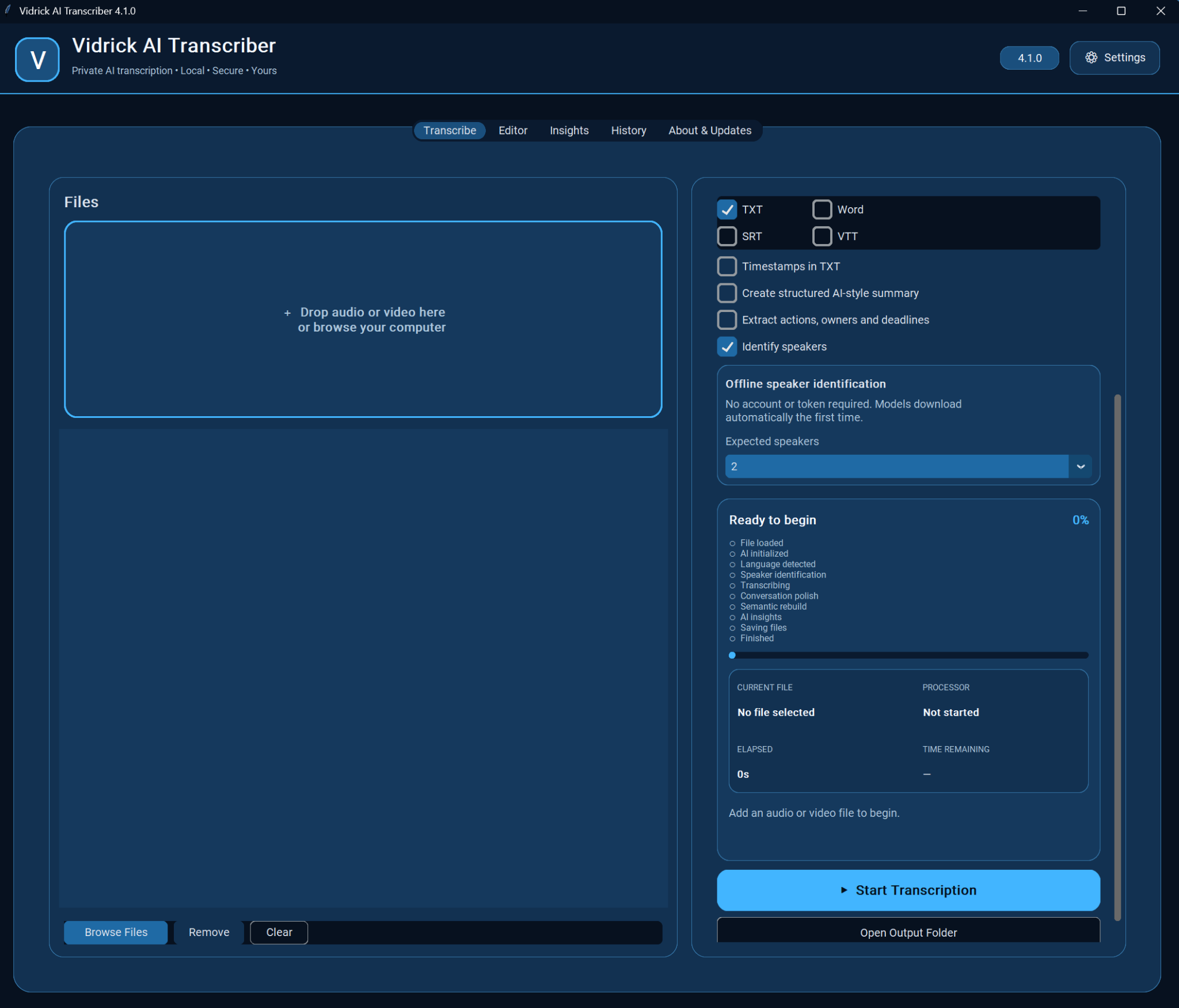 Vidrick AI Transcriber main transcription workspace